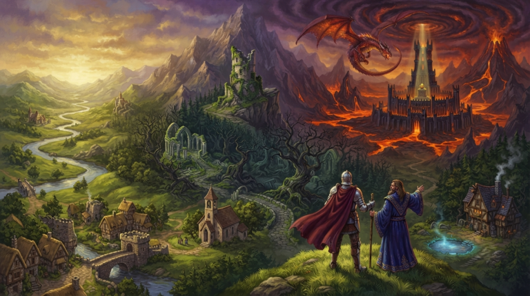 sprawling fantasy landscape divided into three distinct regions. In the foreground, a lush green countryside with an old stone village and a winding river represents the Outer Region. A brave knight in shining armor and a wizard in blue robes stand on a hilltop, looking toward the distance. In the middle ground, a dark forest with twisted trees and ancient ruins leads to a towering mountain range. In the background, a fiery volcanic region with a massive dragon circling above a glowing fortress represents the Inner Region, where the Crown of Command awaits. Scattered across the landscape are iconic elements: an old chapel, a mysterious tavern, a crumbling tower, and a glowing pool of magic. The atmosphere is epic, adventurous, and filled with the spirit of classic fantasy quests