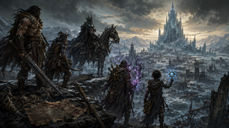 A group of five diverse characters — a hulking barbarian with a greatsword and a feral look, a cunning scavenger in patchwork armor, a scarred black knight on a skeletal horse, a mutating mage with chaotic magical energy, and a young arcane prodigy wielding a glowing talisman — stand on a rocky outcrop, looking out at a cracked and broken landscape. A massive, frozen spire