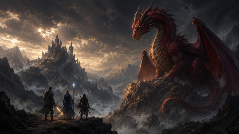 a knight in battered plate armor, a wizard with a staff, and a rogue in dark leather—who stand at a safe distance, gazing up at the dragon. The dragon's head is tilted, as if examining them