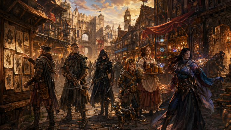A large city gate is visible in the background, and the city walls stretch into the distance. The street is lined with fantastical shops, including an 'Apothecary' with glowing potions, an 'Armoury' with shining weapons, and a 'Magic Emporium' with arcane artifacts. A row of 'Wanted Posters' is pinned to a wooden board. A group of six diverse characters stands at the center of the street: a sneaky cat burglar in dark leather, a scarred bounty hunter with a crossbow, a hooded spy with a dagger, a clever tinkerer with a mechanical pet, a cheerful tavern maid with a tray, and a mystical elementalist with crackling magic. A character is examining a wanted poster, pointing at the reward.