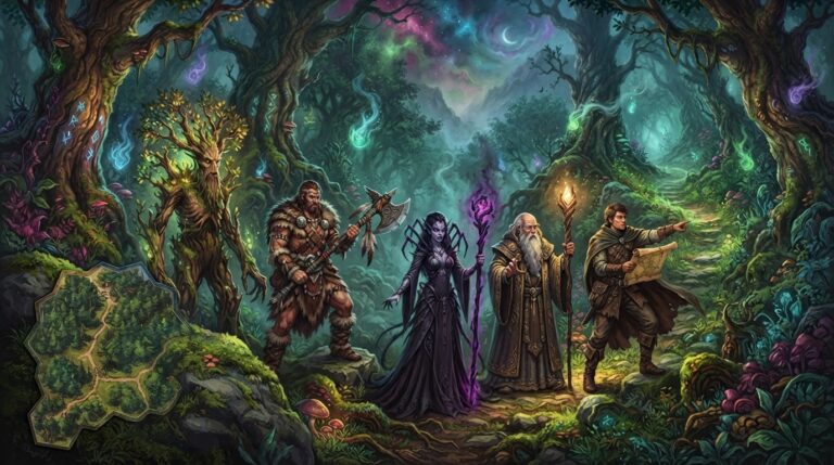 ancient forest, ready to enter a mystical, overgrown woodland path. The forest is filled with towering, twisted trees with glowing runes, and illuminated by floating wisps of magical light. A custom game board piece showing the new region is partially visible. The characters include a regal tree-like being with glowing leaf-like growths, a fierce warrior in animal skins wielding a totemic axe, a sinister maiden with spider-like features, a sagely figure wearing a robe and holding a glowing staff, and a swift scout holding a map