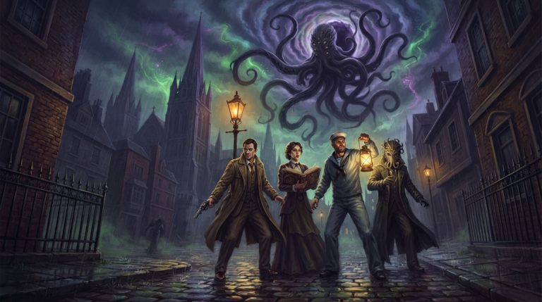 A wide horizontal dark fantasy horror illustration, 16:9 aspect ratio, non-photorealistic, painted in a moody, atmospheric style with rich oil textures and dramatic chiaroscuro lighting. The scene depicts a rain-soaked cobblestone street in a gloomy 1920s city at night. A group of four investigators - a trench-coated detective with a revolver, a scholarly woman with ancient tome, a rugged sailor with a lantern, and a mysterious masked figure - stand beneath a flickering gas lamp, looking up in horror at a massive, writhing tentacled shadow creature emerging from a swirling portal in the sky above the city's cathedral spires. The creature is vaguely humanoid but wrong, with too many eyes and twisting limbs of pure darkness. Faint green and purple magical energies ripple through the storm clouds. The mood is tense, eerie, and filled with cosmic dread, evoking a desperate struggle against ancient, unknowable forces. The architecture features Gothic spires, old brick buildings, and iron railings. Painted with dark blues, deep purples, sickly greens, and dim amber light. No text, no letters, no words, no titles, no writing anywhere. Pure Lovecraftian horror atmosphere