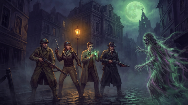 A team of four investigators — a steadfast soldier with a military bearing and a determined expression, a confident aviatrix in a leather jacket with flying goggles, a logical scientist in a lab coat, and a battle-hardened vigilante with a grim look — stands in the middle of the street, illuminated by a single flickering gas lamp. They are facing a horrifying, translucent ghost-like figure that is partially obscured by a supernatural shroud