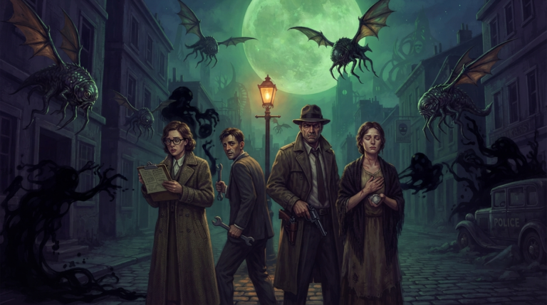 A team of four investigators — a scientist woman with a long coat and research notes, a nervous ex-convict in a suit, a determined federal agent, and a redeemed cultist woman — stands in the middle of the street, illuminated by a single flickering streetlamp. They are surrounded by menacing, fish-like flying monsters