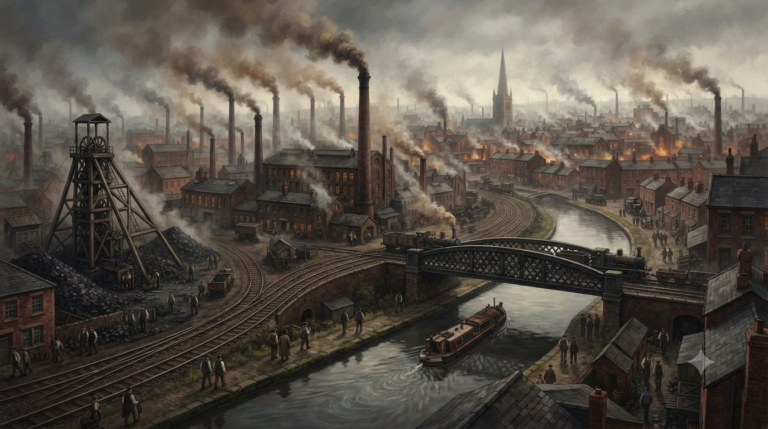 The scene depicts a panoramic view of the English city of Birmingham during the height of the Industrial Revolution. In the foreground, a network of canals and railway tracks winds through a busy urban landscape. A steam-powered factory with tall chimneys billows smoke into a grey, overcast sky. A coal mine with a wooden headframe and a large iron bridge span the canals. In the background, a growing city with red-brick buildings, a church spire, and a smoky skyline is visible. A steam train is seen crossing a canal bridge, and a horse-drawn barge is moving along the water. Groups of workers in period clothing are visible near the factories. The artwork should be detailed and atmospheric, evoking the gritty realism of the industrial era