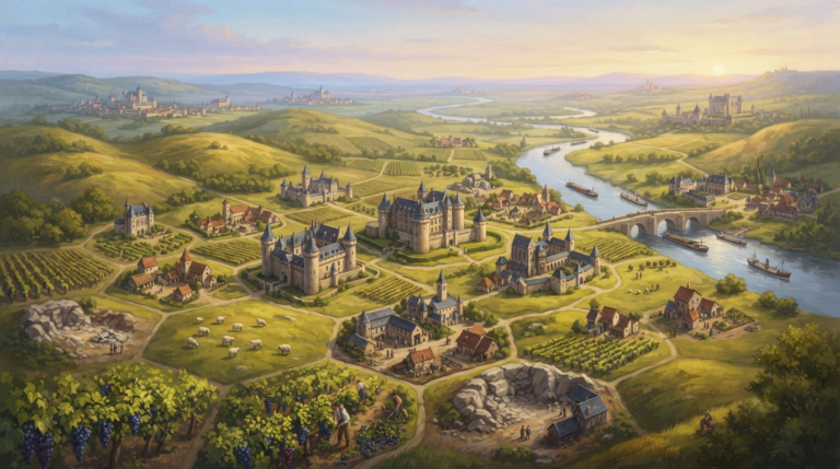 An isometric view of a medieval European landscape, depicted as a board game board with visible hexagonal tile boundaries. The landscape features rolling green hills, vineyards with grapes and workers, fields with sheep, stone quarries, and several large, fortified castles and monasteries. A winding river with barges and a stone bridge flows through the scene towards a distant walled city. The lighting is from a setting sun.