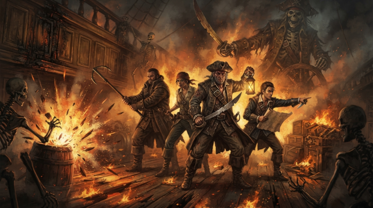The scene depicts a chaotic and burning ship interior at night. A group of four rugged pirates - a grizzled captain with a cutlass, a nimble first mate with a lantern, a sturdy gunner with a grappling hook, and a sharp-eyed navigator with a map - stand back-to-back on a wooden deck surrounded by raging fire and thick smoke. They are searching the room for treasure while battling the inferno and the skeletal crew. A massive explosion of fire and debris erupts from a nearby barrel, sending fiery splinters flying. The walls are lined with ancient wooden panels, and glowing embers rise from the floor. In the background, a massive, shadowy skeleton figure in tattered captain's clothing looms through the flames. The atmosphere is tense, heroic, and full of desperate struggle, evoking the feeling of a pirate raid on a burning ghost ship. Painted with deep oranges, fiery reds, dark browns, smoky greys, and dim gold highlights. No text, no letters, no words, no titles, no writing anywhere
