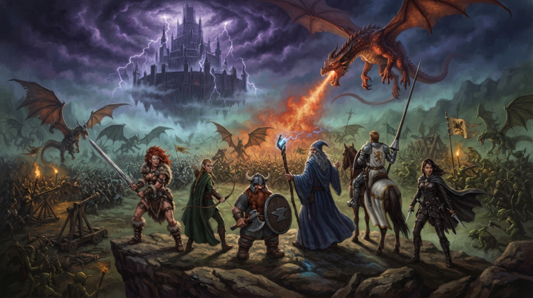 The scene depicts a desperate siege on a dark, stormy battlefield at the foot of a massive, floating citadel surrounded by lightning and mist. A party of six heroes—a fierce female barbarian with a massive sword, a vigilant elven ranger with a bow, a determined dwarf fighter with an axe and shield, a wise wizard with a staff crackling with magic, a noble knight in armor with a lance, and a confident rogue—stands on a rocky hill, looking toward a massive oncoming army of dragon