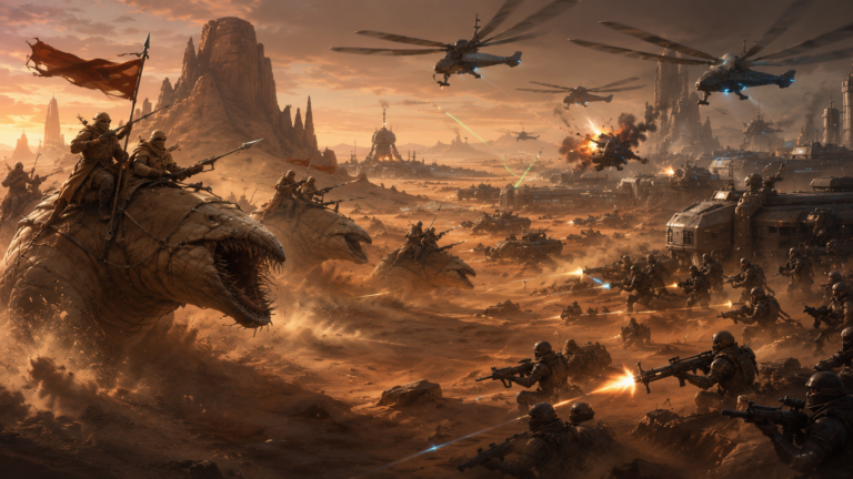 warm desert tones, and a tense, asymmetric warfare mood. The scene depicts a massive clash on the desert planet between two opposing armies