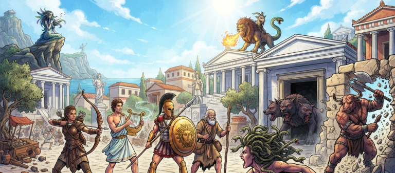 The scene depicts a sun-drenched but chaotic ancient Greek village square on the Isle of Elysium. A group of four heroic avatars of the gods—a ranger with a bow, a musician with a lyre, a hoplite warrior, and a traveler with a staff—stand together facing a terrifying array of mythological monsters. In the foreground, a monstrous woman with snakes for hair and a petrifying gaze (Medusa) lunges forward. Behind her, a massive three-headed dog (Cerberus) emerges from a shadowy door, and a hulking bull-headed brute (the Minotaur) smashes through a stone wall. In the distance, a fire-breathing creature with a lion's head and snake tail (Chimera) sits atop a temple, and a beautiful woman with a haunting voice (Siren) sings from a rocky cliff. The ancient Greek village features white marble temples, stone columns, olive trees, and statues of gods. The atmosphere is tense, heroic, and full of cooperative struggle against mythological evil. Painted with vibrant blues, warm golds, terracotta reds, deep greens, and stark whites