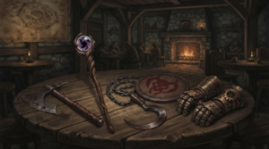 On a worn oak table, four iconic weapons lie ready