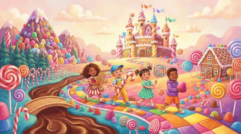 The scene depicts a winding, rainbow-colored path made of candy and sweets, stretching through a magical kingdom. The path winds past giant lollipops, a candy cane forest, a chocolate river, a gumdrop mountain, and a gingerbread house. A group of four cheerful children, each in bright colorful outfits, are moving along the path, carrying a colorful game piece