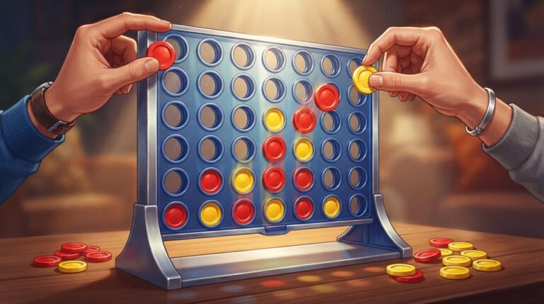 The scene depicts a close-up of a large, vertical plastic grid standing on a table, with a warm spotlight illuminating it from above. The grid is filled with a pattern of circular slots. A cascade of red and yellow discs is frozen in the middle of a drop, some already in place, others mid-air. Two hands, one from each side of the frame, are holding a red disc and a yellow disc, ready to drop them into the column. A small pile of red and yellow discs sits on the table next to the grid