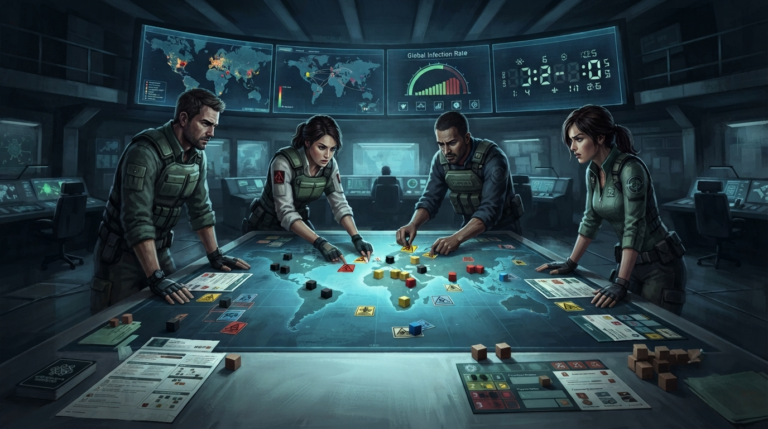 The scene depicts a sprawling, high-tech global command center at night. A team of four determined disease-fighting specialists stands around a large, illuminated world map table, covered in colored disease cubes (black, yellow, red, and blue), research station markers, and quarantine markers. 4 players.