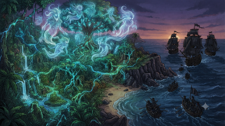 A mystical tropical island with glowing ethereal spirits hovering over the land, dark shadowy colonial invaders arriving on ships approaching the shore, mysterious blue and green energy flowing through nature, dramatic contrast between light and dark