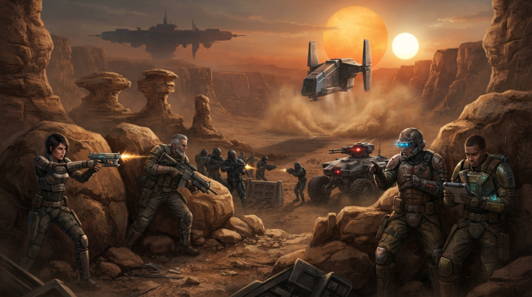 A wide horizontal epic sci-fi battle illustration, 16:9 aspect ratio, non-photorealistic, painted in a dramatic, cinematic style with rich textures, intense lighting, and a gritty, tactical atmosphere. The scene depicts a tense firefight in a vast, rocky desert canyon under a sky with TWO SUNS — one large and orange, one smaller and white — setting on the horizon, casting long, dramatic shadows. A small squad of four original soldiers — a female operative with a sleek energy pistol, a veteran with a heavy carbine, a scarred commander with a visor, and a technician with a scanning device — takes cover behind sandstone boulders, exchanging fire with a squad of enemy troops in matte black and dark grey armor. The enemies are supported by a large, wheeled combat drone with a single glowing red sensor. In the background, a sleek, angular transport ship with a rectangular, blocky silhouette descends through the dusty atmosphere, kicking up sand. On the horizon, a massive, dark orbital platform is barely visible against the glowing twin suns