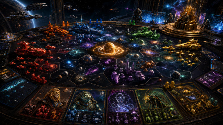 The scene depicts a vast hexagonal galaxy board at the center of a massive gaming table, viewed from a dramatic low angle. The board is composed of colorful hex tiles forming a complete galaxy with a glowing golden planet at its very center. Six distinct space fleets in bold player colors (red, blue, green, yellow, purple, and orange) are positioned around the galaxy, with massive capital ships, carriers, and fighter squadrons. On the right side of the board, a towering space station holds a massive golden throne surrounded by holographic council chambers. In the foreground, a player's hand holds a set of oversized strategy cards and a ten-sided die. Scattered around the board are colorful faction sheets showing different alien races—a lion-like trader, a diplomatic turtle, a ghostly wormhole entity, and a hive-minded insect species. The art style is clean, modern, and highly detailed, with a slightly "sterile" sci-fi aesthetic reminiscent of high-budget space opera. The atmosphere is tense, strategic, and filled with the weight of galactic conquest.
