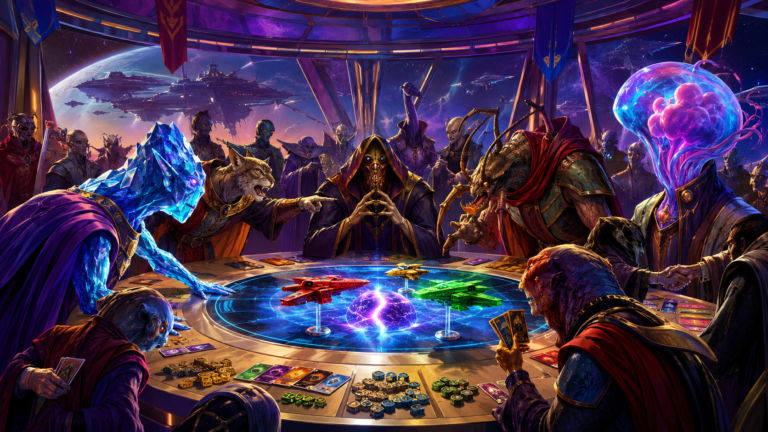 a slightly retro-futuristic comic-book aesthetic, and a sense of chaotic, diplomatic struggle. The scene depicts a colossal, opulent meeting hall on a massive space station, serving as a neutral galactic council. A diverse, unruly crowd of bizarre alien delegates from a dozen different species surrounds a central circular table. In the center, three ships from different colored fleets (red, yellow, and green) are locked in a standoff over a glowing, cracked 'Hyperspace Gate' token. Around the table, alien representatives—a crystalline being, a hulking insectoid, a floating gas creature, a bipedal feline, and a robed, many-eyed mastermind—are engaged in heated debate. Some are pointing accusingly, others are shaking hands with hidden daggers, while a few are secretly passing cards to one another
