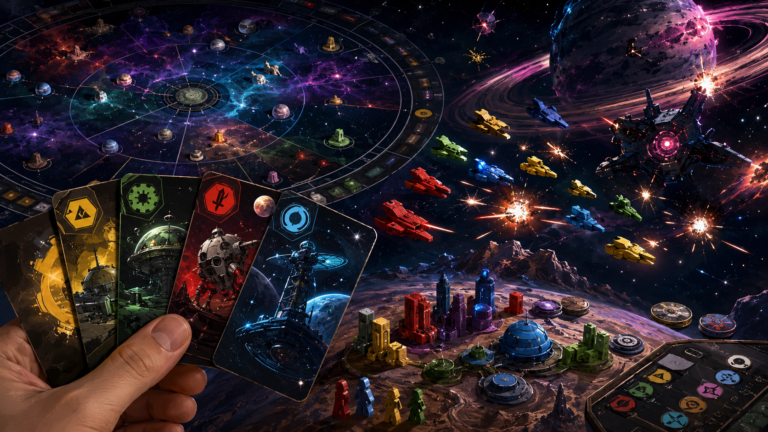 The scene depicts a sweeping view of a region of outer space called 'the Reach' — a circular star map divided into sectors, with colorful nebulae, distant planets, and glowing star systems. In the foreground, a fleet of small, stylized wooden ship pieces in bright player colors (red, blue, yellow, green) engages in a dramatic space battle near a massive ringed planet. Explosions and laser fire illuminate the dark void. Below, a cluster of colorful city and starport tokens sits on a planet's surface, with small agent meeples standing nearby. On the left side of the composition, a hand holds a set of oversized action cards featuring four distinct suits (administration, construction, warfare, exploration) and bold, cartoon-style illustrations of space stations, aliens, and technology. The board features a compact, functional design with administrative tracks and a circular map, all in a distinctive sketchy-yet-detailed art style. The mood is tense, strategic, and full of dramatic twists. Painted with deep blacks, vibrant neon blues, electric purples, hot pinks, glowing oranges, and stark whites.