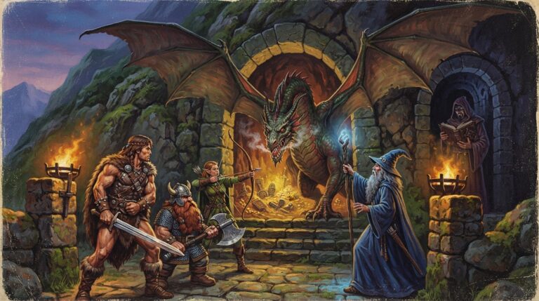 The scene depicts a party of four classic fantasy heroes — a barbarian with a broadsword, a dwarf with a battleaxe, an elf with a bow, and a wizard with a staff — standing at the entrance of a dungeon. A massive, detailed dragon miniature stands before them, its wings spread wide, blocking the path to a glowing treasure chamber. A mysterious, robed game master figure watches from the shadows, holding a dark tome