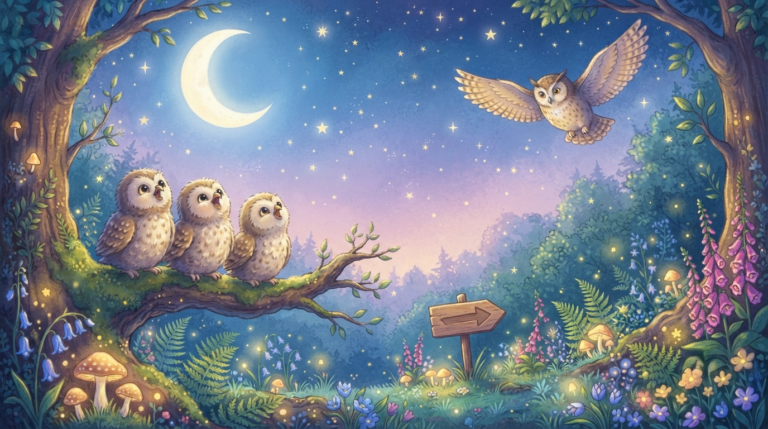 The scene depicts a peaceful, moonlit forest at the magical hour of twilight. A group of three adorable, fluffy baby owls are sitting on a mossy branch, calling out toward the sky. In the distance, a large, wise parent owl is flying gracefully through the starry sky, returning toward them. The forest floor is covered with glowing mushrooms, ferns, and colorful wildflowers. A small, wooden signpost points the way HOME