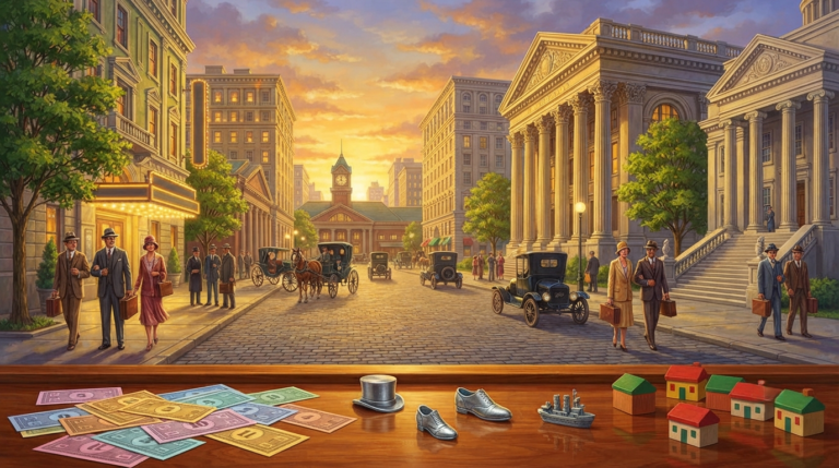 The scene depicts a bustling early 20th century American city street at sunset. Grand neoclassical buildings line the avenue, including a magnificent bank with towering columns, a luxurious hotel with a glowing sign, a train station with a vintage clock tower, and a courthouse with a grand staircase. Well-dressed businessmen and women in vintage attire walk along the tree-lined sidewalks, carrying briefcases and wearing confident expressions. Horse-drawn carriages and classic automobiles pass by. In the foreground, a pile of colorful play money, silver playing pieces (a top hat, a shoe, a thimble, and a ship), and miniature houses and hotels are scattered on a polished wooden surface, suggesting the game in action. The atmosphere is prosperous, ambitious, and full of the energy of commerce and success
