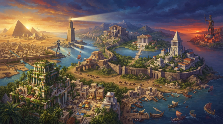 The scene depicts a sweeping panoramic view of seven magnificent ancient cities rising across a vast landscape, each centered around a colossal wonder of the ancient world. In the foreground, a bustling harbor city features the Hanging Gardens, lush with cascading greenery. To the left, a great pyramid complex gleams in the golden sunlight. In the distance, a towering lighthouse stands on a coastal island, its beam cutting through the clouds. Massive stone walls, aqueducts, and grand temples dot the scene, with caravans of merchants and warships moving between the cities. The sky is a breathtaking mix of warm sunset orange and deep blue, with the sun casting long dramatic shadows across the landscape. The mood is epic, grand, and full of the glory of ancient civilizations. Painted with rich jewel tones - golds, deep blues, terracotta, olive greens, and warm sands