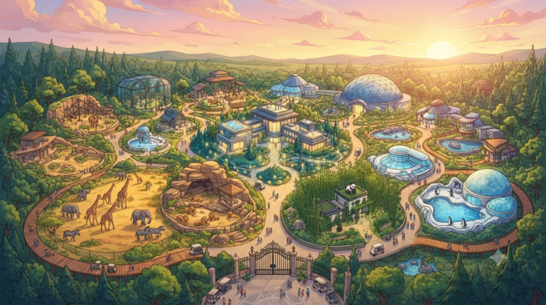 A breathtaking modern zoo at sunset, seen from a beautiful aerial perspective. Lush green habitats with diverse animals - elephants, giraffes, lions, pandas, and penguins - each in their own specially designed enclosures. Glowing conservation center buildings, winding walking paths for visitors, futuristic domed pavilions, warm golden and pink sunset light, hopeful and inspiring atmosphere, highly detailed stylized illustration, vibrant colors