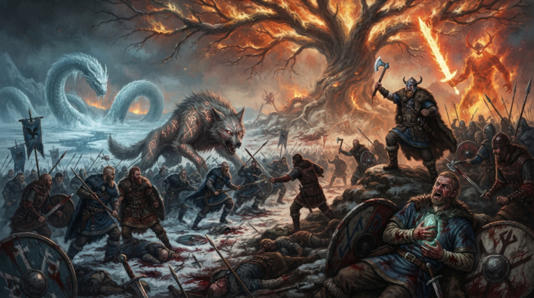 The scene depicts a massive, brutal battle on a mythical frozen plain beneath the branches of a colossal, burning world tree (Yggdrasil). A Viking clan in deep blue and grey (the 'Raven' clan) clashes fiercely with a rival clan in dark brown and red (the 'Bear' clan). A towering, monstrous wolf (Fenrir) with glowing red eyes and runic markings rips through a line of warriors, while a giant, frost-covered serpent (Jörmungandr) emerges from a fjord in the background. On a nearby hill, a chieftain with a horned helmet and a gleaming axe rallies his warriors. In the foreground, a dying warrior clutches a glowing rune, his final moment of glory. The ground is littered with broken shields, swords, and bodies. In the distance, a massive flaming figure of a giant wields a sword of fire. The atmosphere is epic, desperate, and full of the thrill of glorious death, evoking the fierce, bloody, and mythological theme of the Ragnarök saga