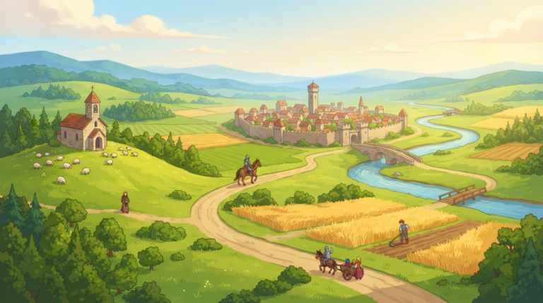The scene depicts a sweeping view of a picturesque medieval European countryside, viewed from a slight elevation. The landscape is a patchwork of lush green fields, golden wheat fields, and small forests. A winding dirt road curves through the scene, passing by a modest stone-walled city with red-tiled roofs, a tall watchtower, and a fortified bridge. On a grassy hill, a quaint stone church with a bell tower stands alone, surrounded by grazing sheep. A river meanders through the valley, crossed by a wooden bridge. In the distance, rolling hills fade into a soft blue haze. Small groups of tiny, faceless figures in vibrant medieval clothes—a knight, a farmer, a monk, and a peasant—can be seen working and traveling along the road.