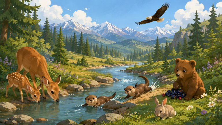 The scene depicts a lush, green landscape in the Pacific Northwest — a calm river meanders through a valley filled with tall pine trees, colorful wildflowers, and soft green hills. On the riverbank, a family of adorable animals is peacefully gathered: a mother deer and her fawn drinking water, a pair of playful river otters sliding on the bank, a fluffy rabbit nibbling on clover, and a friendly bear cub sitting near a pile of berries. A majestic bald eagle soars high in the bright blue sky above. In the background, snow-capped mountains rise under a soft, sunny sky with puffy white clouds. The mood is joyful, calm, and full of the wonder of nature