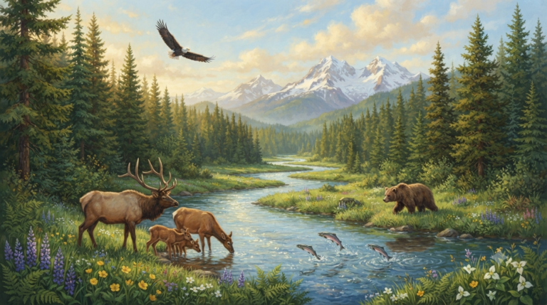 atmospheric style with rich textures and warm natural lighting. The scene depicts a breathtaking panoramic view of the Pacific Northwest wilderness. A crystal-clear river winds through a lush green valley, flanked by towering evergreen forests of pine and cedar. Snow-capped mountain peaks rise majestically in the distance against a sky of soft blue with wispy white clouds. In the foreground, a family of majestic elk drinks from the river's edge, while a bald eagle soars overhead. A brown bear ambles along the riverbank, and salmon leap in the sparkling water. Wildflowers in shades of purple, yellow, and white dot the meadows. The atmosphere is serene, wild, and full of natural beauty, evoking the untouched landscapes of the Pacific Northwest. Painted with rich greens, deep blues, warm earth tones, and soft golden sunlight