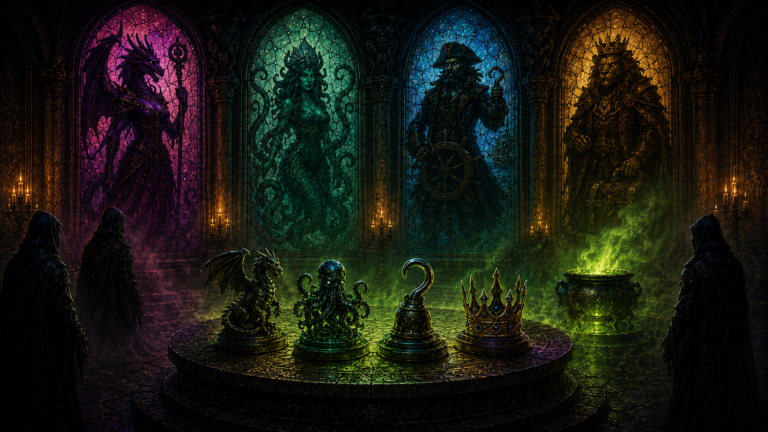 a dragon-like sorceress with sweeping wings and a staff, a sea witch with tentacles and a shell crown, a pirate with a hook and a ship's wheel, and a regal lion-like figure with a crown and a treasure chest. Four elegant, jewel-like game pieces (a dragon, an octopus, a pirate hook, and a crown) are arranged on a stone pedestal at the center of the room, bathed in a sickly green glow from a cauldron on the side. The cauldron emits a swirling mist. Four shadowy cloaked figures stand at the edges of the room