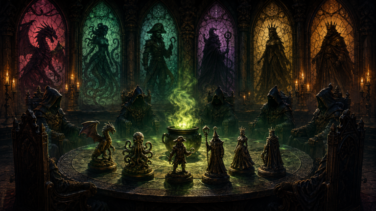 Six elegant, totemic game pieces (a dragon, an octopus, a pirate with a hook, a sorcerer with a staff, a queen, and a king) are arranged on a circular stone table at the center of the room. A cauldron sits in the center of the table, emitting a glowing green mist