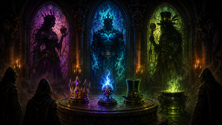 Three elegant, jewel-like game pieces (a crown, a flaming skull, and a top hat) are arranged on a stone pedestal at the center of the room. A glowing green cauldron sits to one side, emitting a sickly mist. Three shadowy cloaked figures stand at the edges of the room