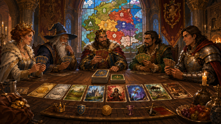 A group of five noble figures—a king, a queen, a wizard, a merchant, and a warrior—gather around a massive oak table, each holding a hand of colorful illustrated cards. On the table, a spread of cards shows different types: a gold coin, a silver coin, a land deed, a castle, a soldier, a magical artifact, a well, and a workshop.