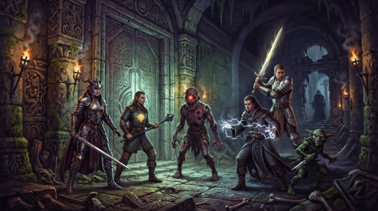 The scene depicts a party of five diverse adventurers standing in a vast, ancient stone dungeon chamber deep beneath a great city. The party includes a noble tiefling warrior in gleaming armor, a half-elf cleric with a holy symbol, a human wizard crackling with lightning magic, a goblin rogue skulking in the shadows, and a human paladin with a glowing sword. They stand before a massive, ornate stone door covered in mysterious runes, facing a terrifying undead beholder-zombie with a single glowing eye and a death tyrant floating behind it. The walls are lined with crumbling pillars, ancient carvings, and flickering torches casting long shadows. In the background, through an archway, the silhouette of a mad wizard—Halaster Blackcloak—can be seen watching from the shadows. The atmosphere is tense, dangerous, and filled with the thrill of dungeon exploration, evoking the classic D&D mega-dungeon experience