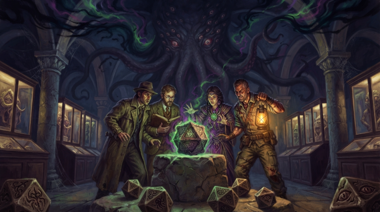 The scene depicts a dimly lit, vaulted hall of an ancient museum at midnight. A group of four investigators - a detective in a trench coat, a scholar with ancient books, a mystical woman with a glowing amulet, and a rugged soldier with a lantern - huddle around a stone pedestal in the center of the room. On the pedestal rests an ancient, glowing artifact inscribed with strange, otherworldly symbols. A massive, shadowy tentacled entity looms in the darkness above, its countless eyes watching them from the ceiling. Green and purple eldritch energies swirl through the air. Around the pedestal, several dice are scattered, showing strange symbols and eerie faces. The museum walls are lined with glass cases containing ancient relics and forbidden artifacts. The mood is tense, desperate, and filled with cosmic dread, evoking a race against time to seal the Elder Sign before the ancient one awakens