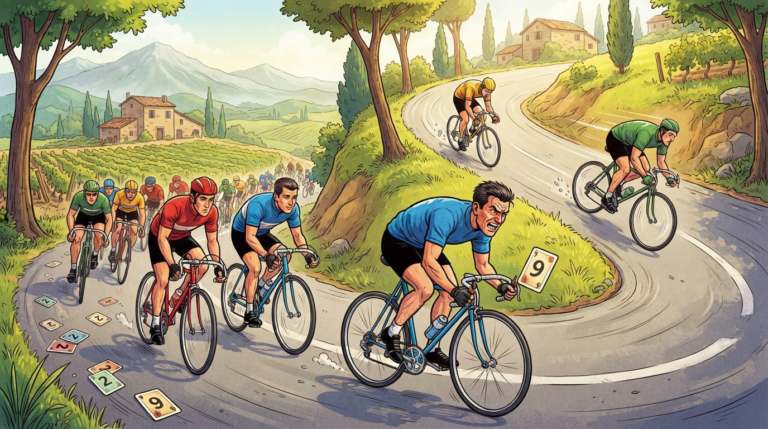 The scene depicts a tense moment in a classic European bicycle race on a winding, tree-lined country road. A colorful peloton of cyclists in retro jerseys (in four distinct team colors: blue, red, yellow, and green) is strung out along the road. In the foreground, a Sprinteur rider makes a desperate break from the pack, while a Rouleur rider from the same team sits comfortably in the slipstream of a rival. On a steep hill section, a rider struggles, his speed visibly reduced, while another speeds down the descent on the other side. Exhaustion cards (showing low numbers like '2') are visible scattered near the rear of the pack, while a '9' card is clutched in the hand of the leading rider. The atmosphere is tense, tactical, and full of the struggle between conserving energy and going for glory, evoking the thrill of a Tour de France sprint finish