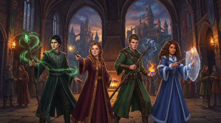 four completely original young magic-users standing together in the grand torch-lit hall of a fantasy castle. They are NOT Harry Potter, NOT Hermione Granger, NOT Ron Weasley, and NOT any known character. They are generic fantasy wizards with no resemblance to any famous characters. One wears dark green robes with silver trim, one wears deep burgundy robes with gold embroidery, one wears forest green robes with leather accents, and one wears sapphire blue robes with white fur trim. Their faces are generic fantasy faces - one has a sharp jaw and dark hair, one has a round face with freckles, one has angular features with a scar on the cheek (not forehead), and one has warm features with curly brown hair (not bushy). Each holds a unique magical staff or wand (not the Elder Wand) and their spells create colorful bursts of magical energy. In the background, a generic fantasy castle with many towers (not Hogwarts) rises against a dramatic sky. The atmosphere is heroic and magical