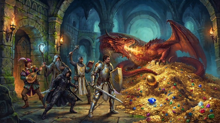 The scene depicts a group of five diverse heroes—a Fighter in gleaming plate armor, a Rogue in dark leather, a Wizard with a glowing staff, a Cleric with a holy symbol, and a Bard with a lute—standing back-to-back in a vast underground dungeon beneath a great city and red dragon