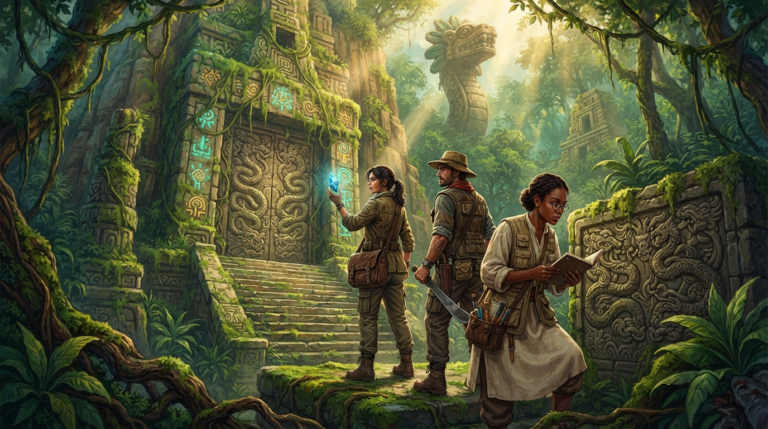 The scene depicts a group of three diverse explorers standing at the entrance of a massive, overgrown ancient temple deep in a dense jungle. The temple is carved into a towering cliff face, covered in thick vines, moss, and strange glowing symbols. A stone staircase leads up to a massive stone door covered in intricate carvings of serpents and mythical beasts. One explorer—a woman in practical khaki expedition gear with a leather satchel—holds a glowing crystal artifact up to the door. Another explorer—a man with a wide-brimmed hat and a machete—watches the jungle behind them cautiously. A third explorer—a scholarly figure with round spectacles and a notebook—examines the carvings. In the background, a massive stone serpent statue rises from the jungle canopy, and the ruins of ancient structures peek through the trees. Sunlight filters through the dense canopy, casting dramatic beams of light. The atmosphere is adventurous, mysterious, and full of discovery. Painted with rich greens, warm golds, deep browns, and vibrant turquoise accents