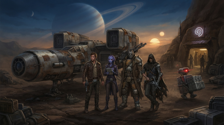 A group of four original scoundrels — a scarred human pilot in a worn leather jacket, a female alien navigator with intricate facial patterns, a hulking, brute-force enforcer with a heavy rifle, and a sly, hooded mechanic with a cybernetic arm stand in the shadow of a battered, asymmetrical, modular starship