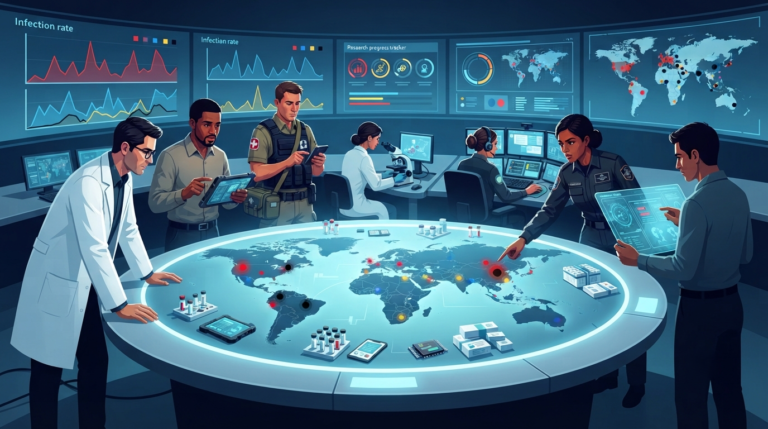The scene depicts a global crisis response team working in a high-tech, centralized command center at night. Seven distinct professionals — a scientist in a white lab coat, a operations expert with a tablet, a medic with a medical bag, a researcher at a microscope, a dispatcher at a communications hub, a quarantine specialist, and a contingency planner — stand around a large central table. On the table is a detailed world map with glowing hotspots representing disease outbreaks in four colors (red, blue, yellow, black). Laboratory vials, research samples, and medical supplies are scattered across the table. The team members wear serious expressions, coordinating their efforts to contain the outbreak. In the background, large screens display real-time infection data, a research tracker showing progress toward cures, and a global infection rate monitor. The atmosphere is tense, collaborative, and full of strategic urgency. Painted with clean whites, deep blues, medical greens, stark blacks, and the four disease colors (red, blue, yellow, black).
