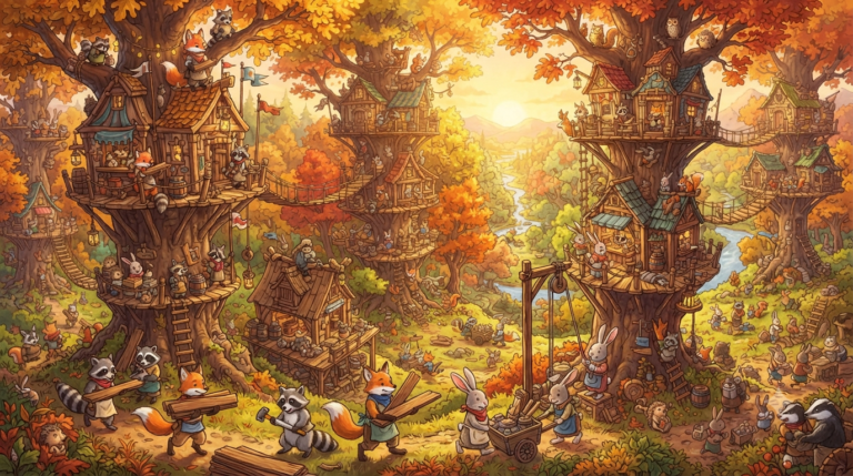 A beautiful woodland forest with adorable anthropomorphic animals (raccoons, foxes, rabbits) building treehouse settlements and wooden forts, bright sunlight filtering through leaves, warm autumn colors, whimsical competitive atmosphere