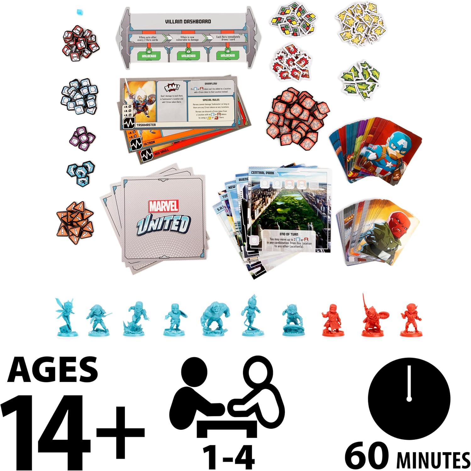 Marvel United Gameplay Components Cards and Chibi Miniatures Layout