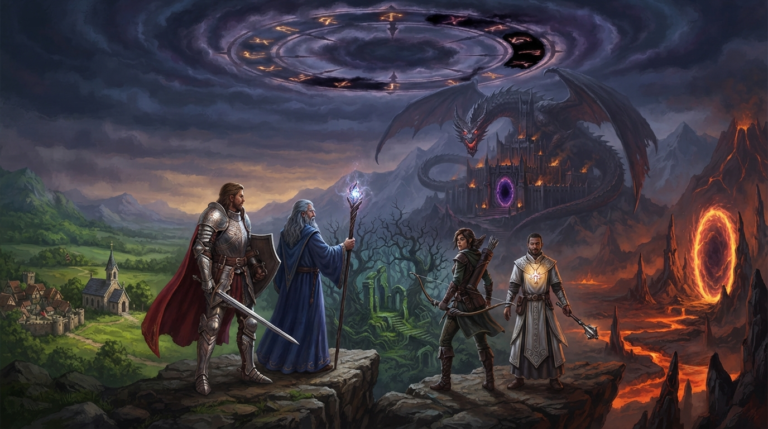 a noble knight in gleaming silver armor, a wise wizard with a glowing crystal staff, a swift rogue with a bow, and a holy cleric with a radiant symbol - standing together on a rocky precipice overlooking a dark, foreboding landscape. They are united against a common enemy: a massive, shadowy dragon with glowing red eyes that coils around a dark fortress in the distance. The land below is divided into regions: a lush green countryside with a chapel and village, a twisted dark forest with ancient ruins, and a fiery volcanic wasteland with a glowing portal. Above them, a massive Doom Tracker in the sky shows the encroaching darkness with dark clouds and ominous symbols. The mood is epic, cooperative, and filled with the tension of a desperate alliance against overwhelming evil forces