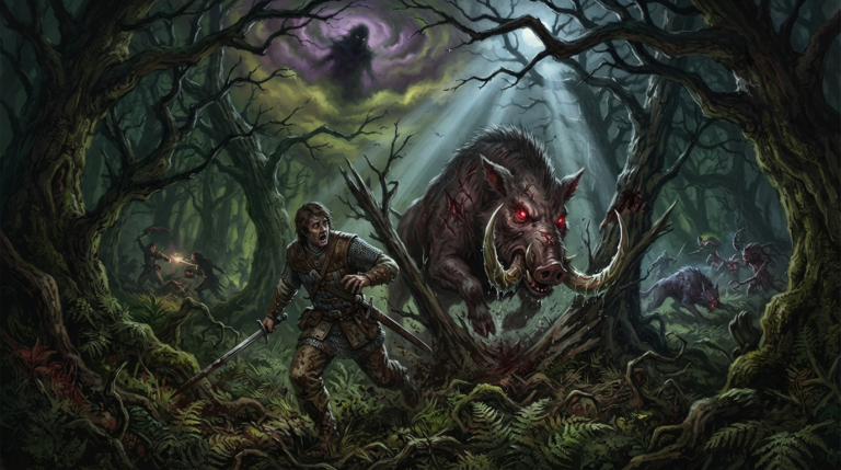 The scene depicts a terrifying pursuit through a dark, twisted forest. In the foreground, a lone hero in worn armor sprints through the undergrowth, glancing back in fear. Behind them, crashing through the trees, is a massive, frenzied beast - a monstrous boar-like creature with glowing red eyes and razor-sharp tusks, driven by an unseen malevolent force. In the sky, a dark, shadowy entity (the Nemesis) watches over the hunt, its presence felt rather than seen. Other figures of heroes can be seen in the distance, fighting separate beasts, highlighting the one-versus-many struggle. The atmosphere is desperate, primal, and filled with the terror of being hunted. Painted with deep greens, dark browns, blood reds, and sickly yellows, with shafts of moonlight cutting through the canopy.