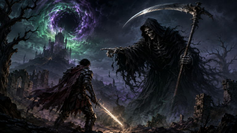 A lone warrior in battered armor stands on a rocky path, clutching a glowing sword, looking up in terror. Emerging from the mist before him is a towering, skeletal figure in a tattered black hooded cloak