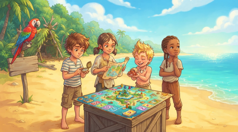 The scene depicts a sun-drenched, tropical desert island with a golden sandy beach, a clear turquoise lagoon, and a dense, green jungle. A group of four young castaways — a boy with a compass, a girl with a map, a playful child holding a crab, and a thoughtful child looking toward the horizon — stand together on the beach. They are examining a large, colorful game board placed on a wooden crate